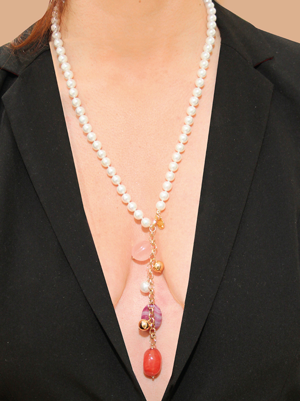Collier Lasso Quartz Rose & Perles – Élégance Mystique